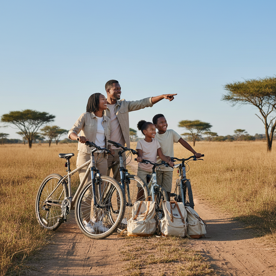 Family enjoying a cycling adventure with bicycles and outdoor gear, showcasing active outdoor lifestyle
